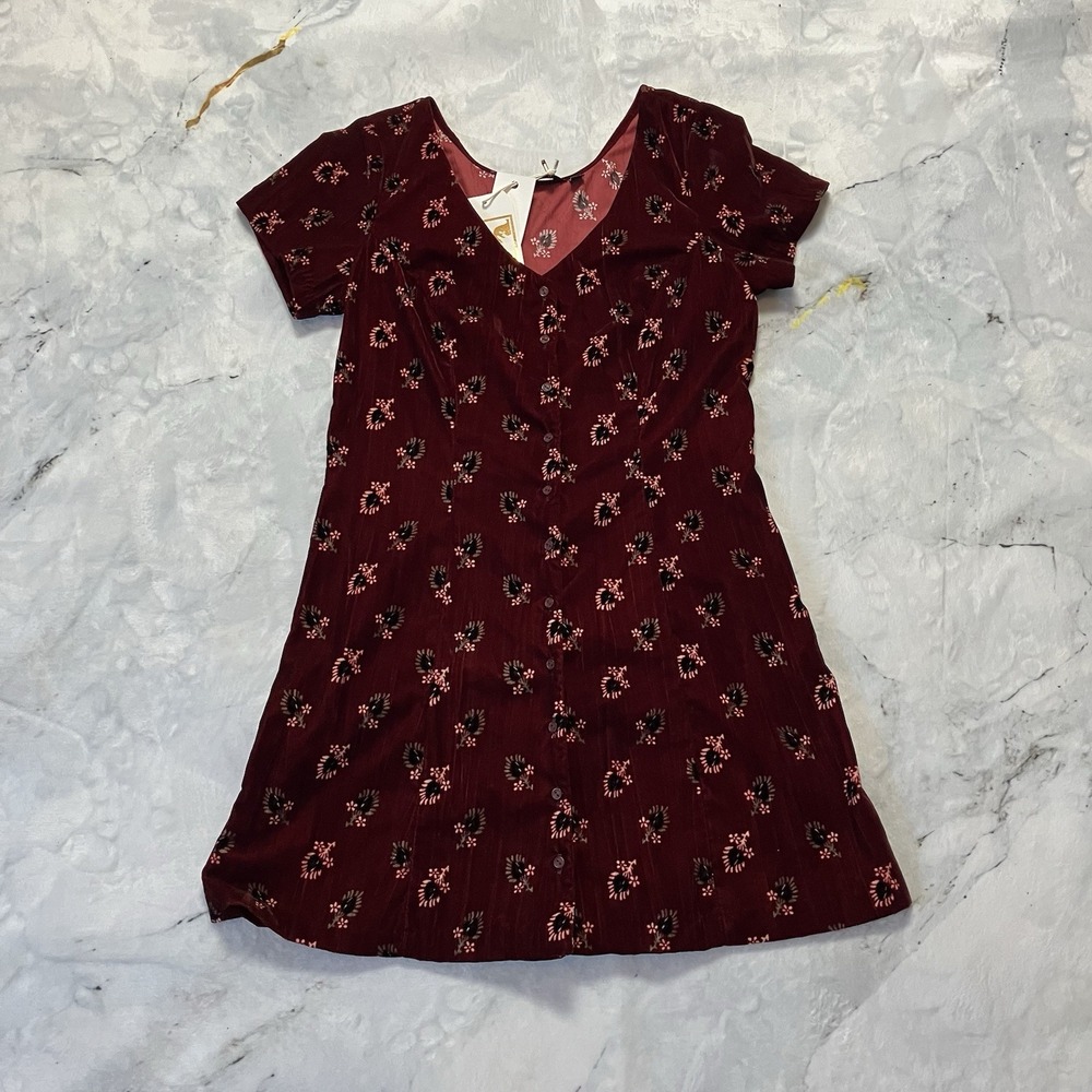 Obey Rouge Floral Velvet Mini Dress Size XS Oxblood Button Front NWT